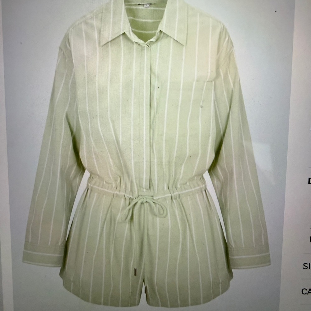 Pistola Striped Drawstring Romper in Light Sage